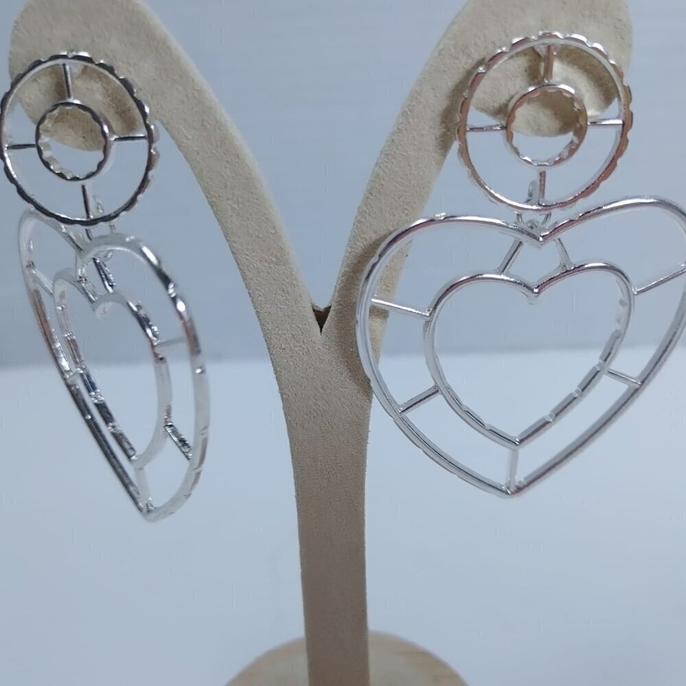 5/$25 Dangle Heart Earrings Silver Tone Large Modernist Boho Pierced 2.5" - Picture 4 of 6